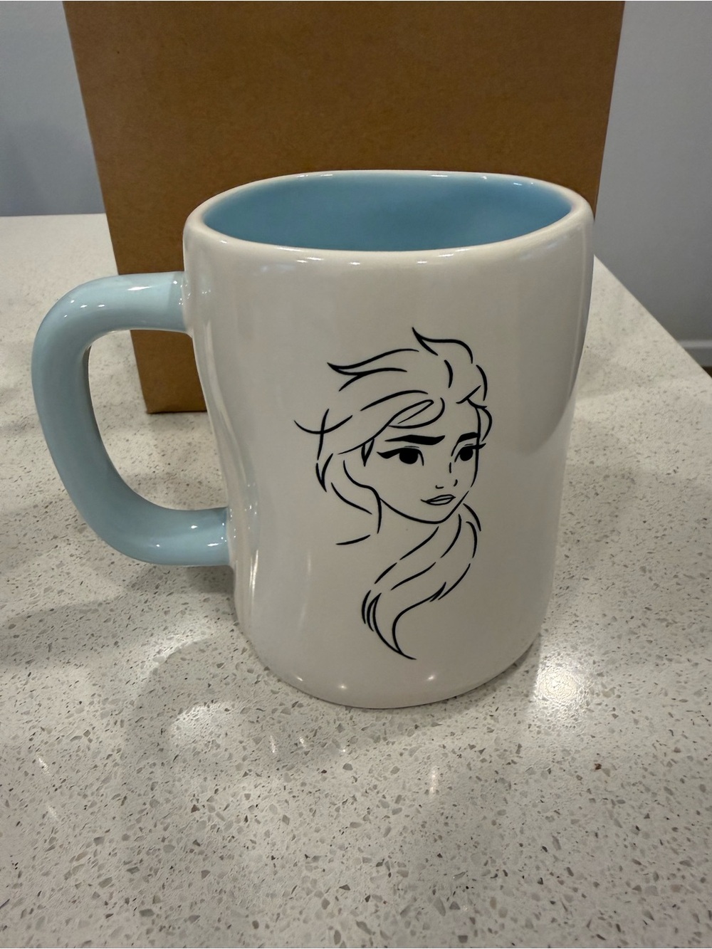 Rae Dunn White Mug with Light Blue Interior and Handle and Black Line Art